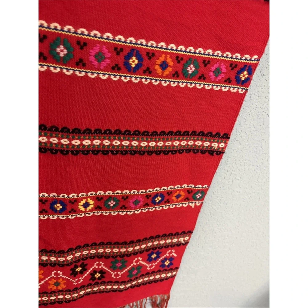 Mid Century Table Runner Red Wool Folk Embroidered Geometric MCM Holiday Vintage